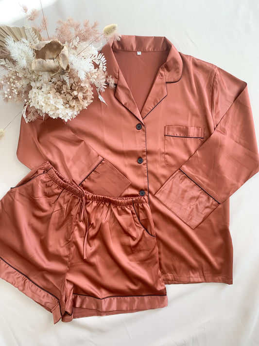 Rust Long Sleeve & Shorts Pyjama Set