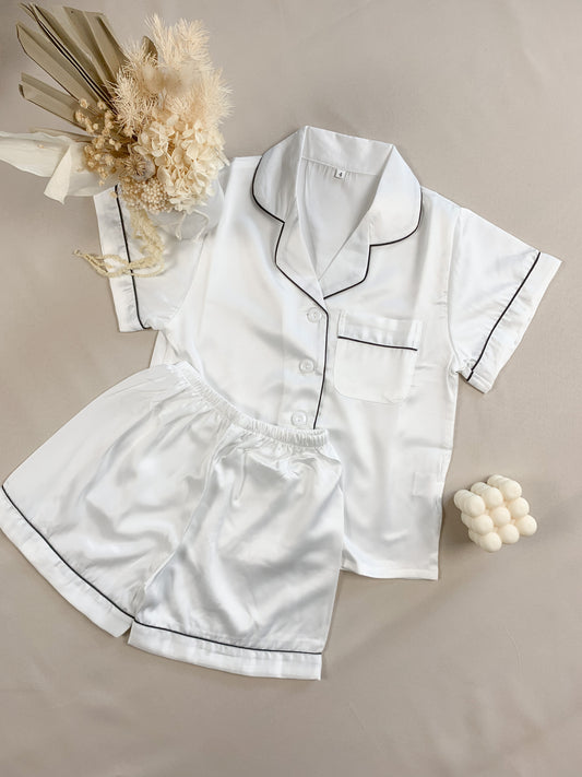 Kids White Short Sleeve & Shorts Pyjama Set